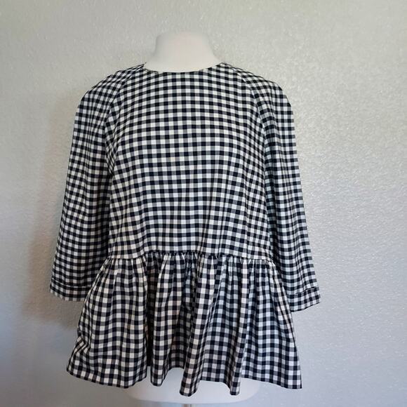 Victoria Beckham Navy White Check Blouse w/Peplum Size L - Picture 2 of 16